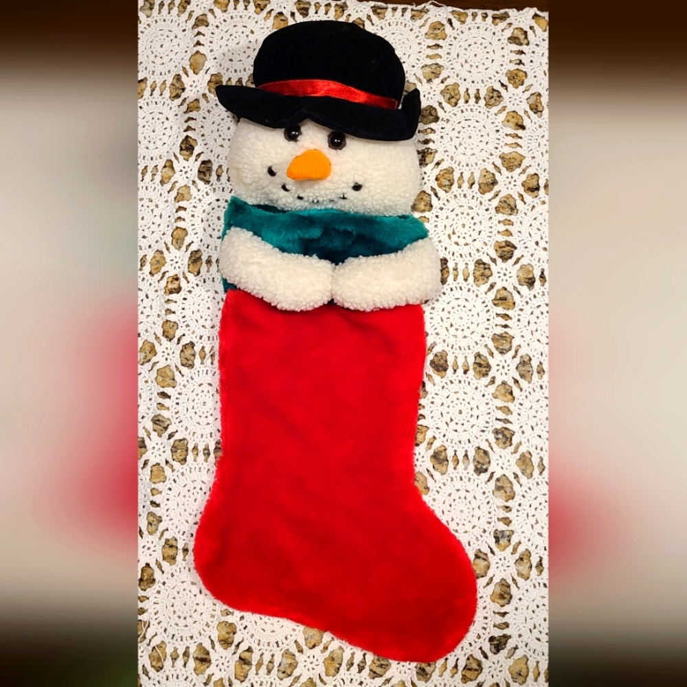Plush Snowman Stocking 3D Frosty Hook And Loop Closure Texture  Vtg